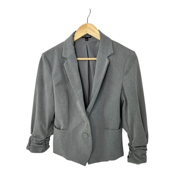 Express Gray Ruched Sleeves Blazer 2 Button Closure Size 10 Y2K Business Casual - Picture 1 of 7